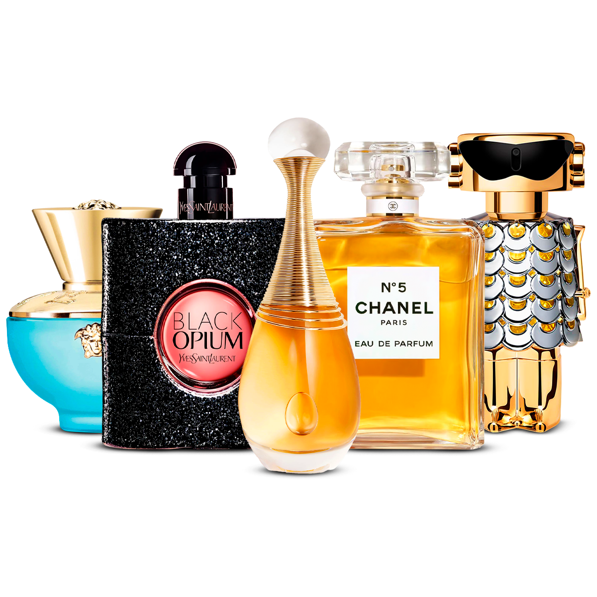 Kombinace 5 dámských parfémů – Versace Dylan Turquoise, Black Opium, J'adore, Chanel Nº5 a Fame [každý 100 ml]